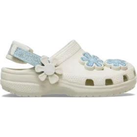 Zoccolo classico in denim per bambini con cinturino posteriore regolabile e fiori
