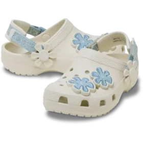 Zoccolo classico in denim per bambini con cinturino posteriore regolabile e fiori
